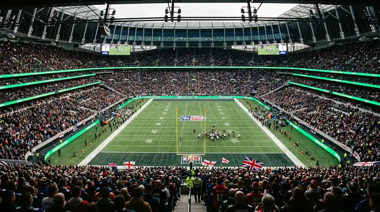 NFL London Game at a packed UK stadium with British fans wearing team jerseys