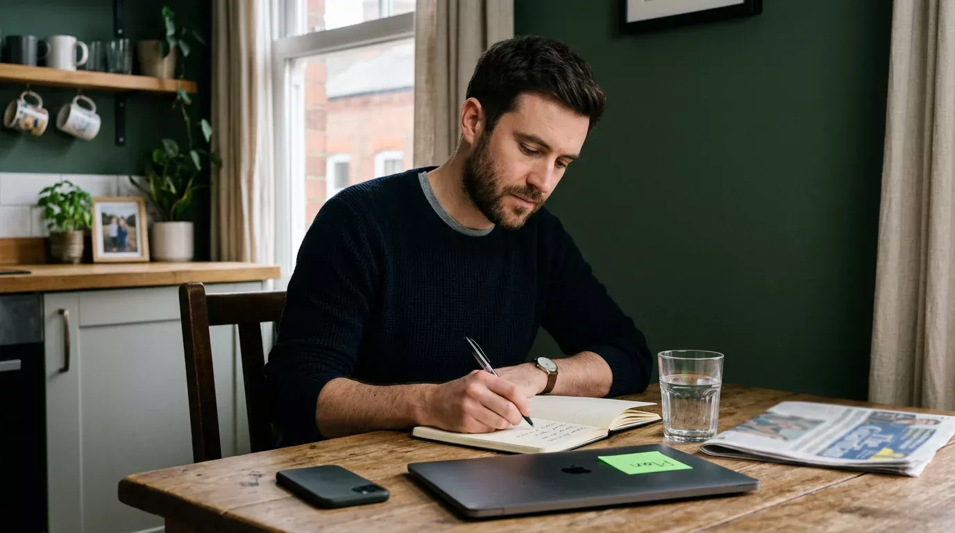 British NFL punter writing a deposit-limit plan in a notebook before staking
